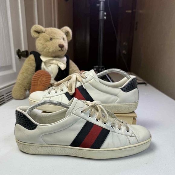Gucci Ace White Leather Lace up Sneaker, Blue/Red Stripe, Men's Size 9 UK 10 US - Picture 1 of 12